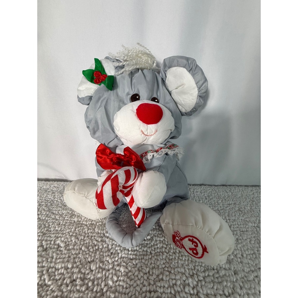 Vintage 1987 Fisher Price Puffalump Christmas Mouse Plush 8016‎ Candy Cane Gray